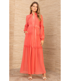 Dress with ruffle detail, long sleeves, gathered cuff.