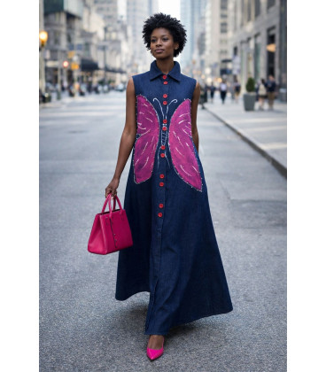 Denim dress with butterfly print