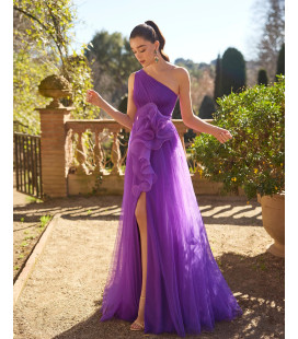 One-shoulder tulle dress with a ruffle at the waist