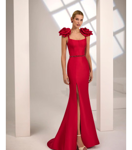 Mikado dress with flowers on both shoulders