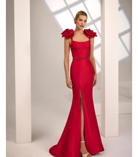 Vestido de mikado con flores en ambos hombros