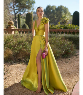 Mikado dress, V-neck with thick straps and flower