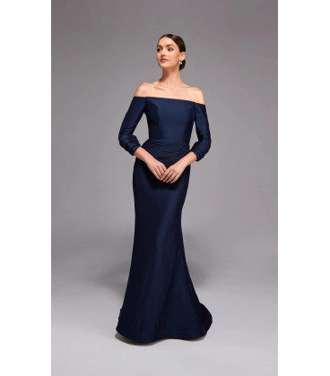 Mikado dress with off-the-shoulder design and 3/4 sleeves