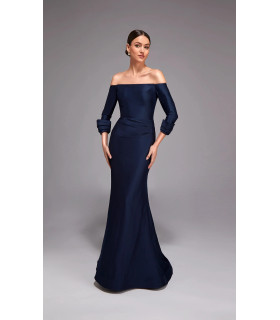 Mikado dress with off-the-shoulder design and 3/4 sleeves