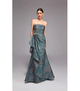 Strapless dress, brooch at waist with ruffle