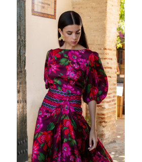 Floral set with puff-sleeved blouse and asymmetrical skirt