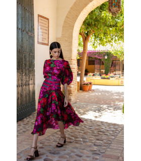 Floral set with puff-sleeved blouse and asymmetrical skirt