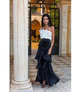 Black and white strapless pleated dress