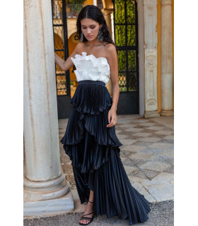 Black and white strapless pleated dress