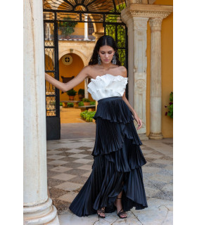 Black and white strapless pleated dress