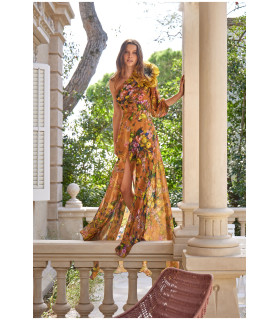 Vestido estampado floral en tonos cálidos y vibrantes con flor 3D