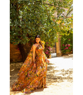 Floral print dress in warm and vibrant tones with 3D flower