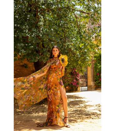 Floral print dress in warm and vibrant tones with 3D flower