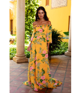Vestido estampado con hombros descubiertos y mini volante en el escote