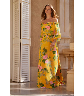 Printed dress with off-the-shoulder design and a mini ruffle at the neckline