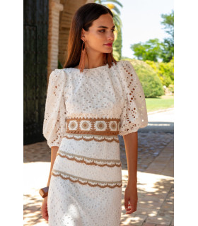 White guipure lace set with earth-toned embroidery