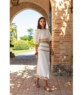 White guipure lace set with earth-toned embroidery