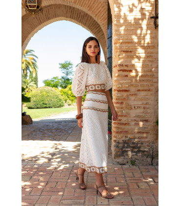 White guipure lace set with earth-toned embroidery