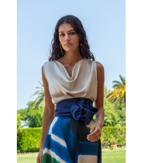 Blouse and long skirt set in cool tones