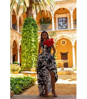 Vestido blanco y negro con estampado floral, flor 3D