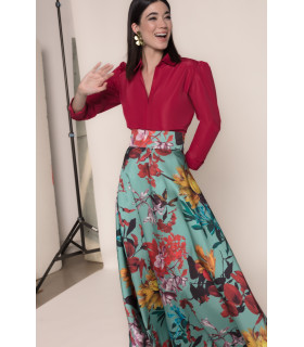 Red taffeta blouse and floral print skirt set