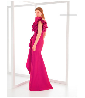 Dress with V-neck and waterfall detail on the shoulder and skirt