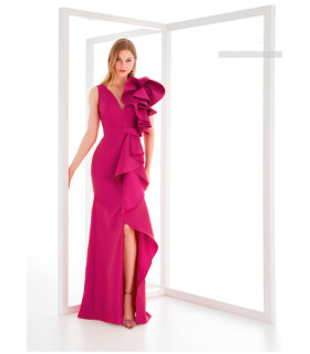 Dress with V-neck and waterfall detail on the shoulder and skirt