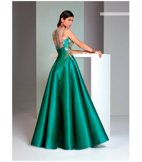 Dress with V-neck and semi-transparent back, A-line skirt