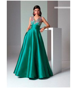 Dress with V-neck and semi-transparent back, A-line skirt