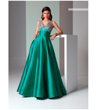 Dress with V-neck and semi-transparent back, A-line skirt