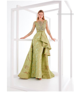 Mermaid style dress with asymmetrical peplum and 3/4 sleeves