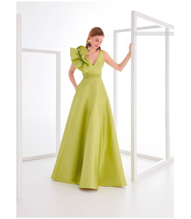 Dress with V-neck, open back and gathered ruffle at the shoulder