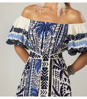 Vestido off shoulders con estampado de palmeras