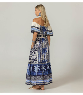 Vestido off shoulders con estampado de palmeras