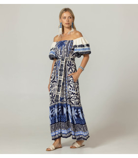 Vestido off shoulders con estampado de palmeras