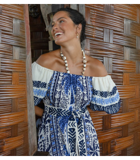 Off-the-shoulder dress with palm print