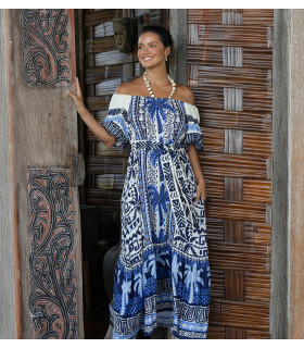 Off-the-shoulder dress with palm print