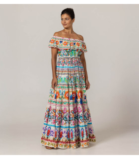 Vestido off shoulders y estampado multicolor