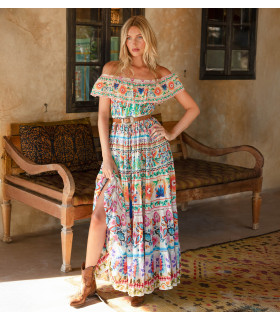 Off-the-shoulder dress with multicolored print