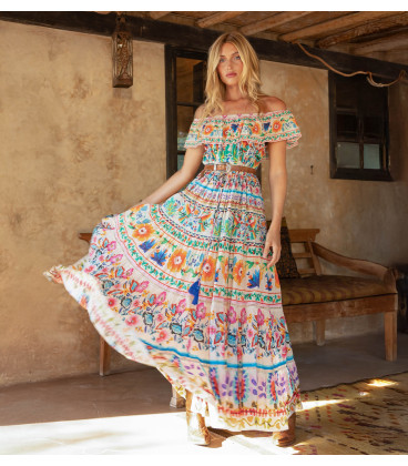 Off-the-shoulder dress with multicolored print