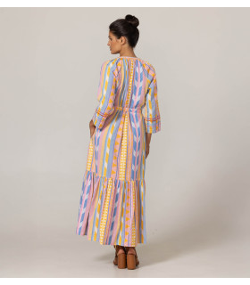 Multicolored dress with floral embroidery on the chest