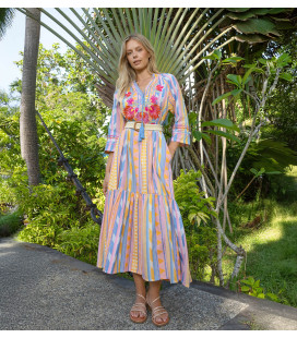 Multicolored dress with floral embroidery on the chest