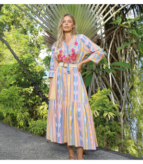 Multicolored dress with floral embroidery on the chest