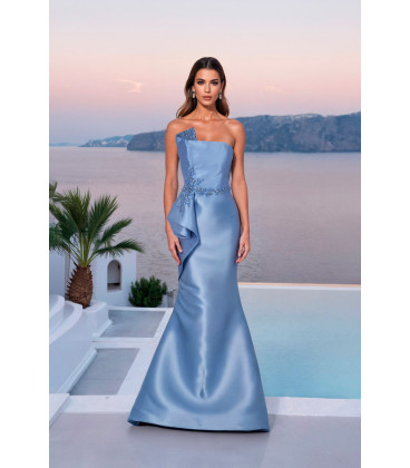 Strapless taffeta dress with waist detail