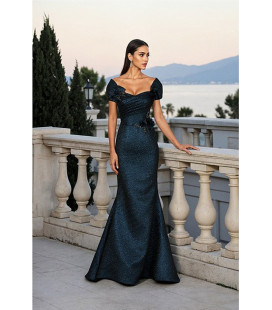 Vestido metálico estilo sirena off shoulders