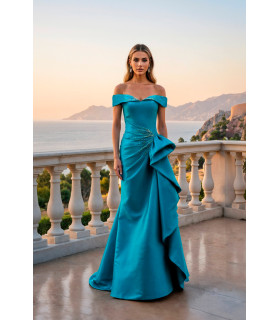 Vestido de sirena off shoulders, cintura con volantes