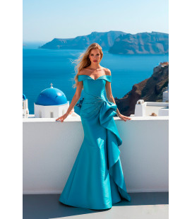 Vestido de sirena off shoulders, cintura con volantes