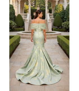 Vestido brocado corte sirena off shoulders