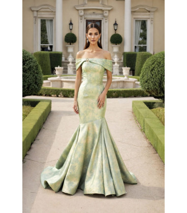 Vestido brocado corte sirena off shoulders