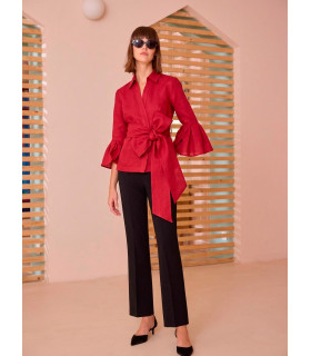 Blouse with ruffled sleeves and a bow at the waist